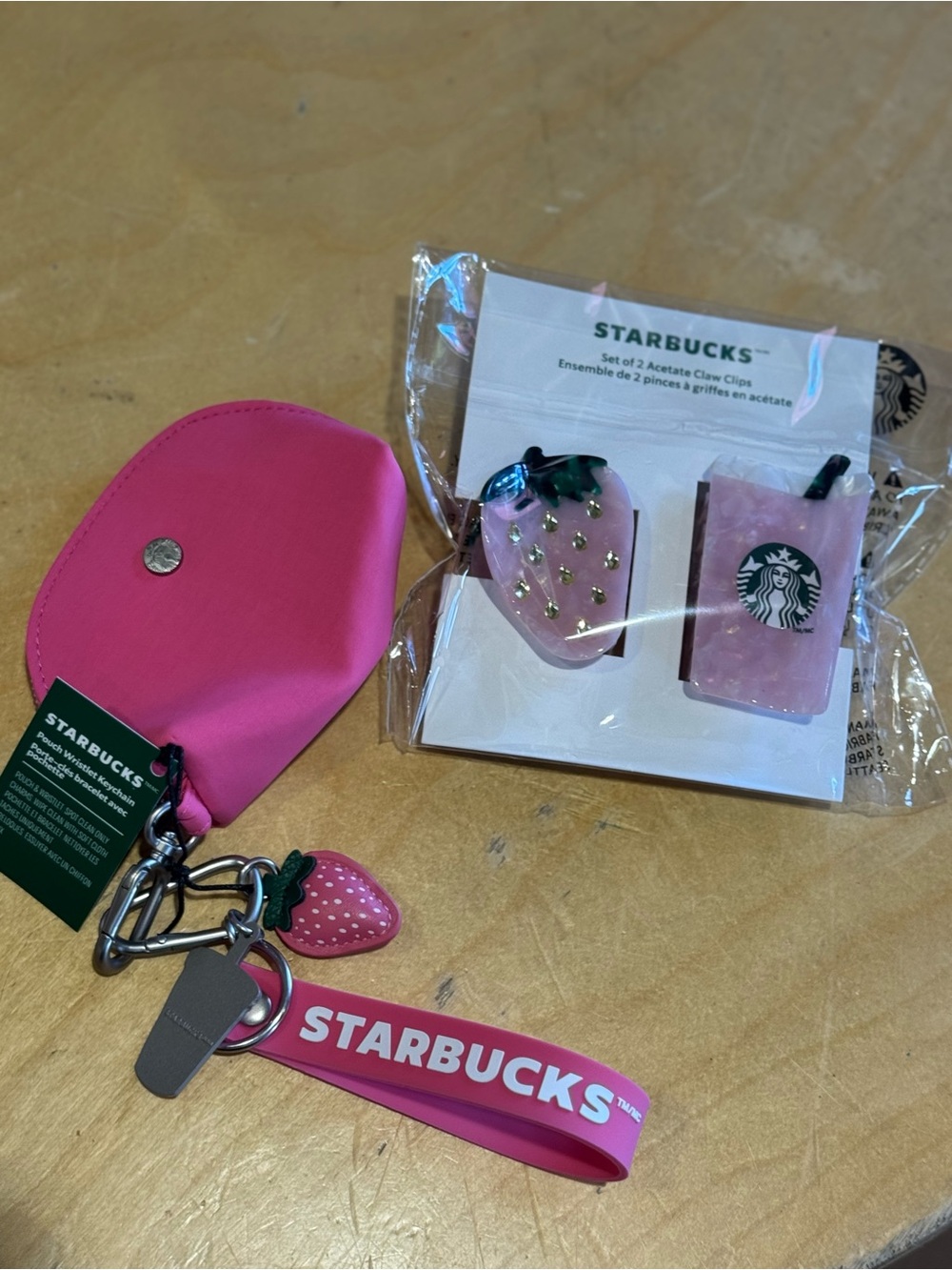 Starbucks Pink Strawberry Keychain & Acrylic Clips Set